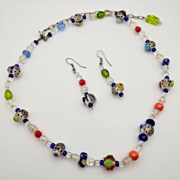 Lampwork‎ Beads and Clear Glass Handmade Beaded 18" Necklace and Earrings - Picture 1 of 4